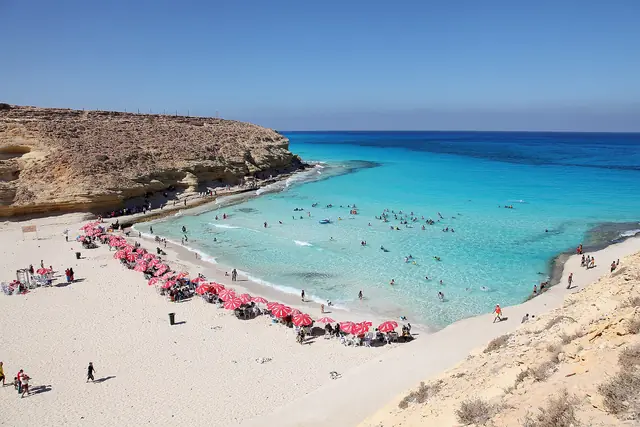 Turquoise water and white sand at Agiba Beach near Marsa Matruh, Egypt