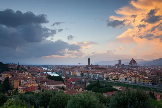Florence skyline and cathedral at sunset from Piazzale Michelangelo