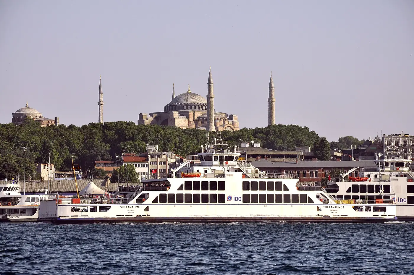 Ferry on the Bosphorus with Hagia Sophia behind