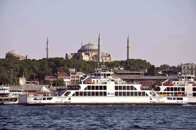 Ferry on the Bosphorus with Hagia Sophia behind