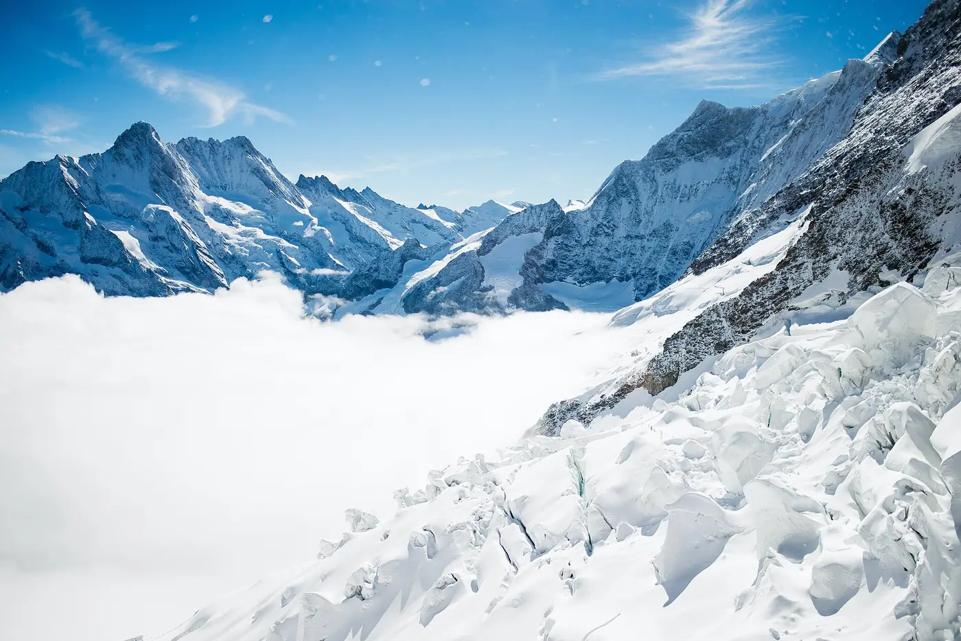 Snowy Alpine peaks above Eigergletscher near Lauterbrunnen